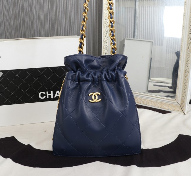 Chanel Womens Bags Drawstring Backpack Shopping Bag Shiny Lambskin & Gold-Tone Metal Navy Blue Whatapp