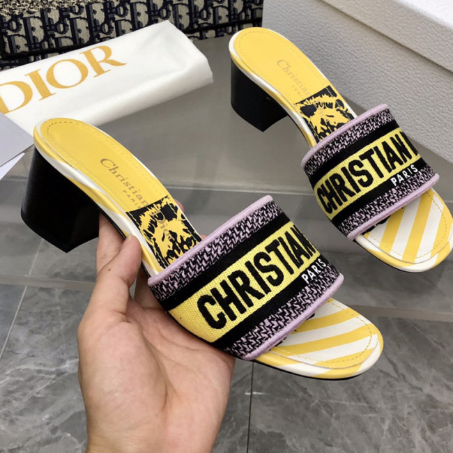 Dior Women Shoes DWAY HEELED SLIDE Embroidered Cotton Luxury Brand Womens Sandals Slippers with Original Box KCQ244ERC_S56B Whatapp