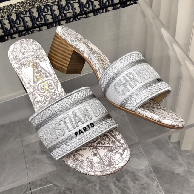 Dior Women Shoes DWAY HEELED SLIDE Embroidered Cotton Luxury Brand Womens Sandals Slippers with Original Box KCQ244ERC_S56B Whatapp