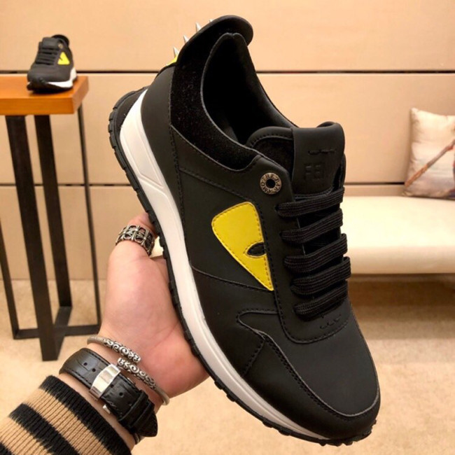 Fendi Men Shoes Luxury Sneakers Luxury Brand BAG BUGS SNEAKERS Black and yellow leather lace-up Whatapp