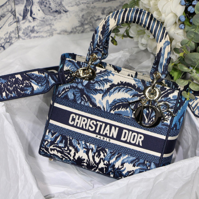 Dior Womens Bags Handbags Luxury Fashion MEDIUM LADY D-LITE BAG Blue Dior Palms Embroidery M0565OREU_M928 Whatapp