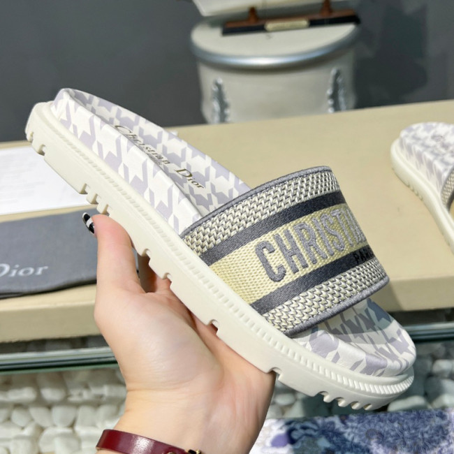 Dior Women Shoes Slippers DWAY SLIDE Luxury Brand DWAY SLIDE Cotton Embroidery with Micro Houndstooth with Original Box KCQ550PPE_S19O Whatapp