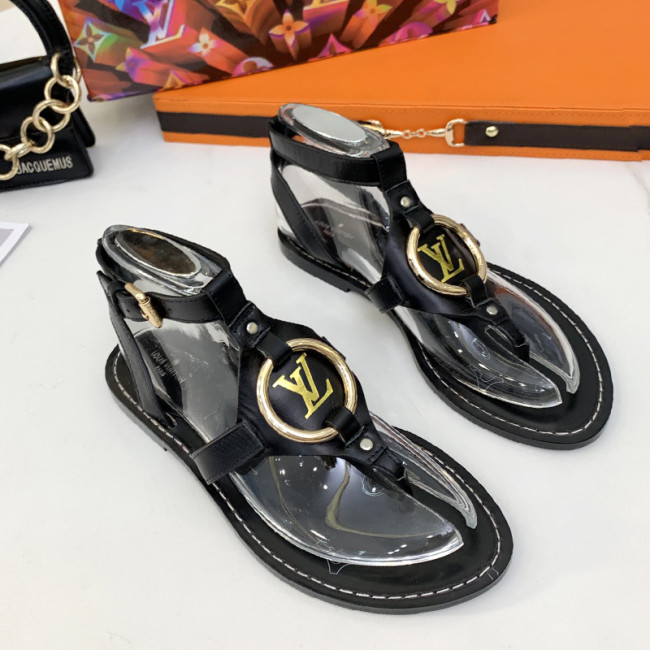 Louis Vuitton Womens Shoes Sandals Luxury Brand Genuine Leather Design FARO FLAT SANDAL Noir Black 1A8N13 with Original Box Whatapp