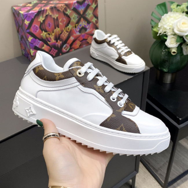 Louis Vuitton Women Shoes Sneakers Lace-Up Luxury Brand Fashion TIME OUT SNEAKER Cacao Brown Calf leather and patent Monogram canvas with Original Box 1A95TO Whatapp