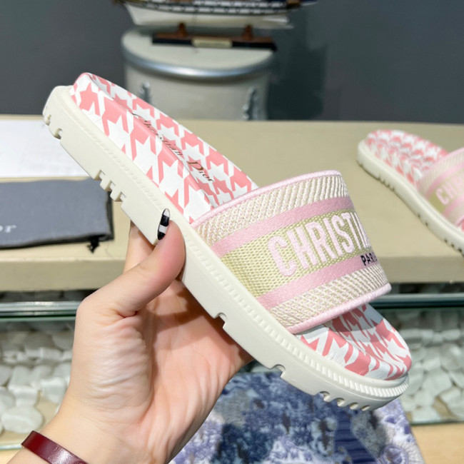 Dior Women Shoes Slippers DWAY SLIDE Luxury Brand DWAY SLIDE Peony Pink Embroidered Cotton with Micro Houndstooth Motif with Original Box KCQ550PPE_S55P Whatapp