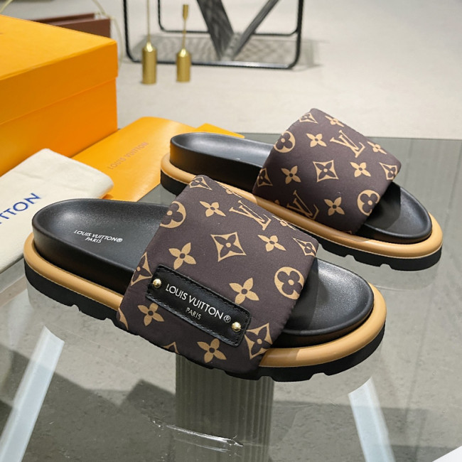 Louis Vuitton Womens Shoes Sandals Slippers Luxury Brand Louis Vuitton POOL PILLOW FLAT COMFORT MULE 1AAEBX Cacao Brown Monogram nylon Adjustable velcro strap Whatapp