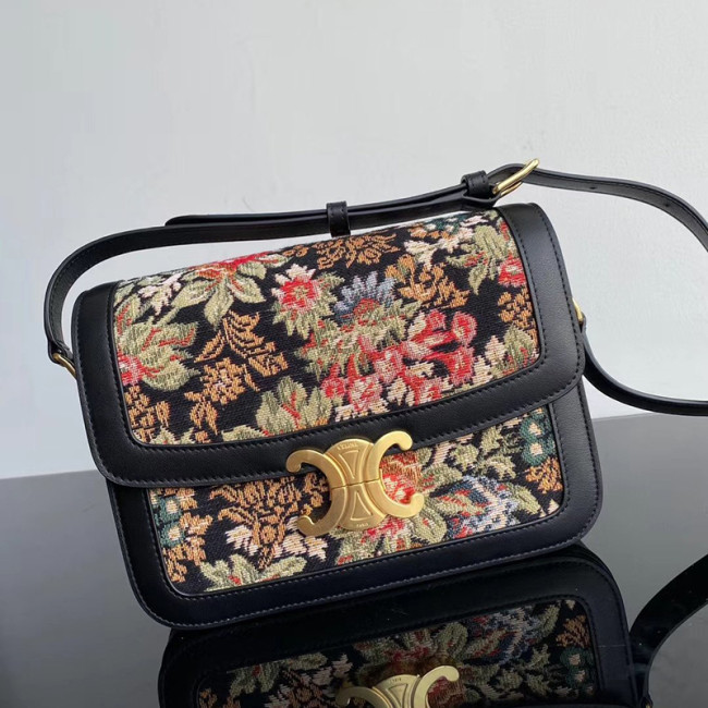 Celine Womens Bag MEDIUM TRIOMPHE BAG IN FLORAL JACQUARD AND CALFSKIN Whatapp