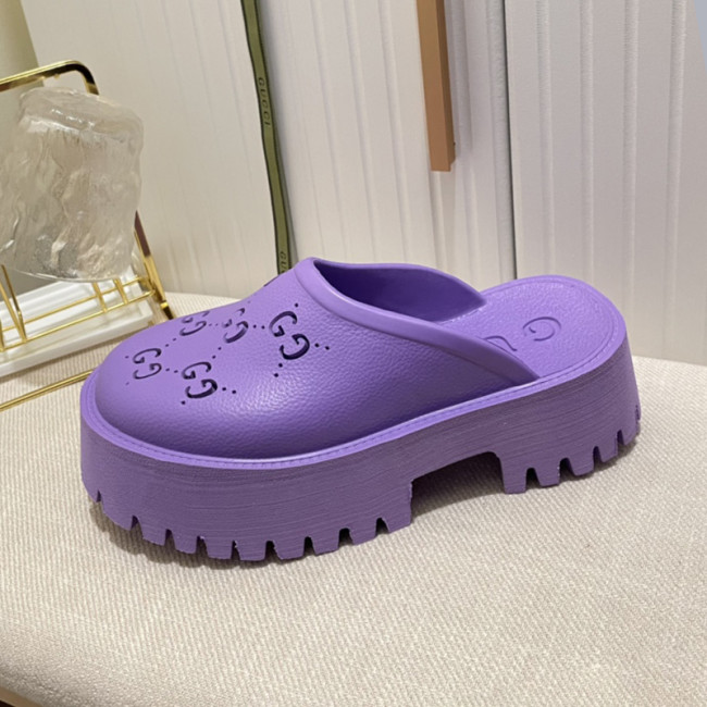 Gucci Womens Shoes Sandals Slides Slippers Luxury Brand Women's platform perforated G sandal in lilac rubber 663577 JFB00 5306 with Original Box Whatapp